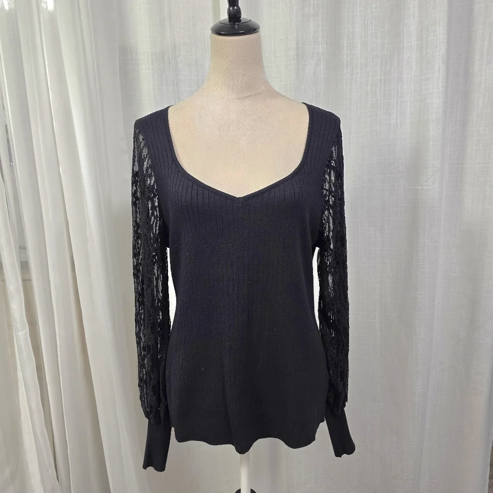 2/$30 Absolutely Famous Black Rib Knit Sweater Lace Sleeves Plus Size 1X - Picture 1 of 11